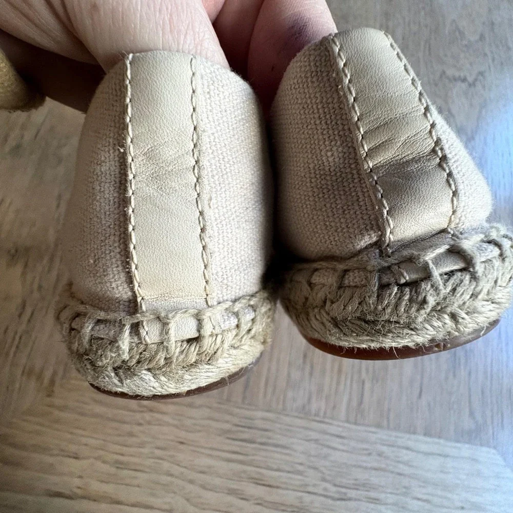 $198 TORY BURCH Espadrille Flats Canvas Cream & Black Toe w/Logo Women's‎ Sz 7.5